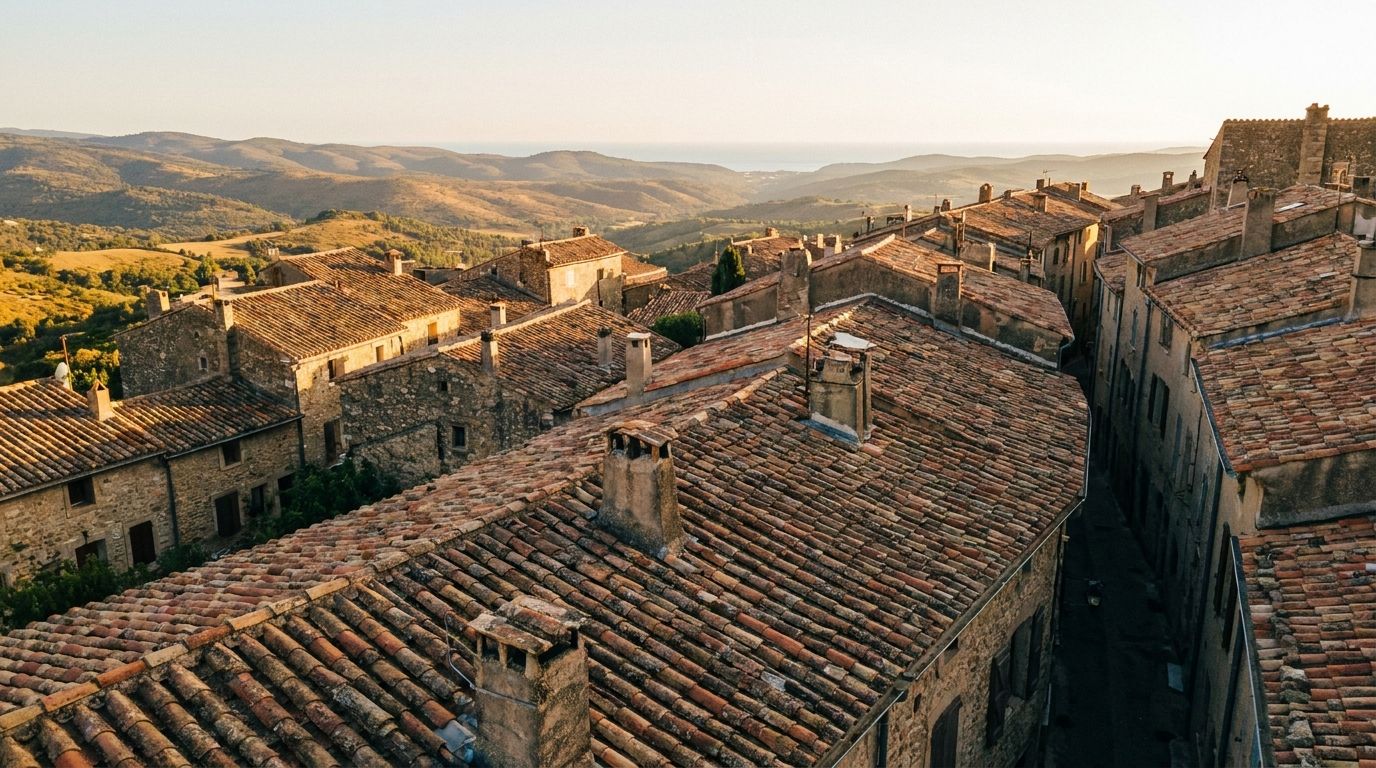 Toits en tuiles d'un village provençal au soleil couchant