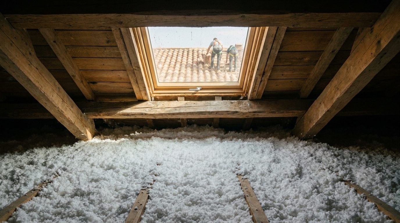 Combles isolés : couche uniforme d'isolant soufflé entre les poutres, lumière du velux