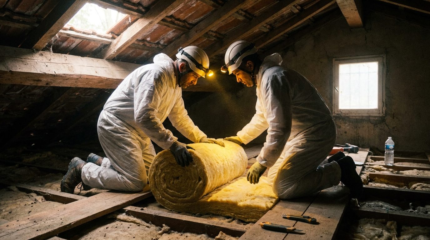 Techniciens en combinaison déroulant de la laine minérale entre les solives des combles