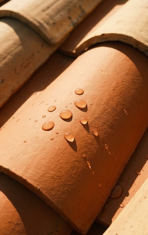 Gouttes d'eau perlant sur des tuiles en terre cuite traitées par hydrofuge