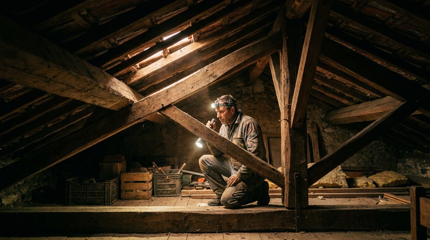 Artisan ECH Habitat inspectant une charpente traditionnelle en bois à la lampe